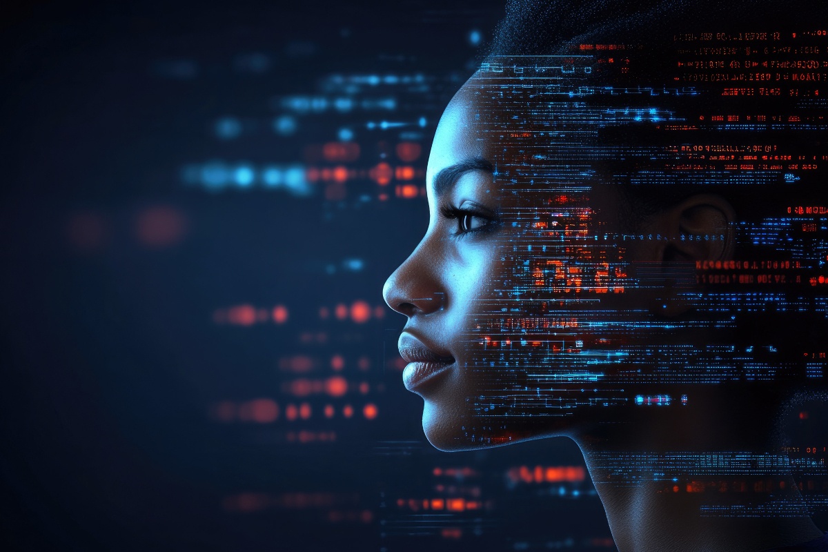 Profile view of a Black woman's face integrated with glowing blue and orange digital data streams, binary code, and abstract circuit overlays against a dark background.