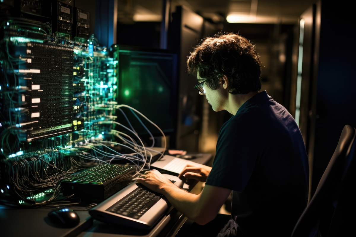 A computer programmer or IT professional with glasses sitting in a dimly lit server room, focused on typing on a keyboard in front of a complex, glowing green mainframe circuit board.