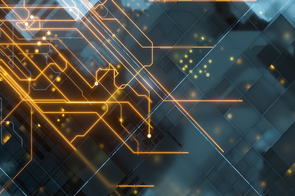 An abstract digital background featuring glowing golden circuit lines and nodes flowing across a grid of dark teal and grey geometric cubes.