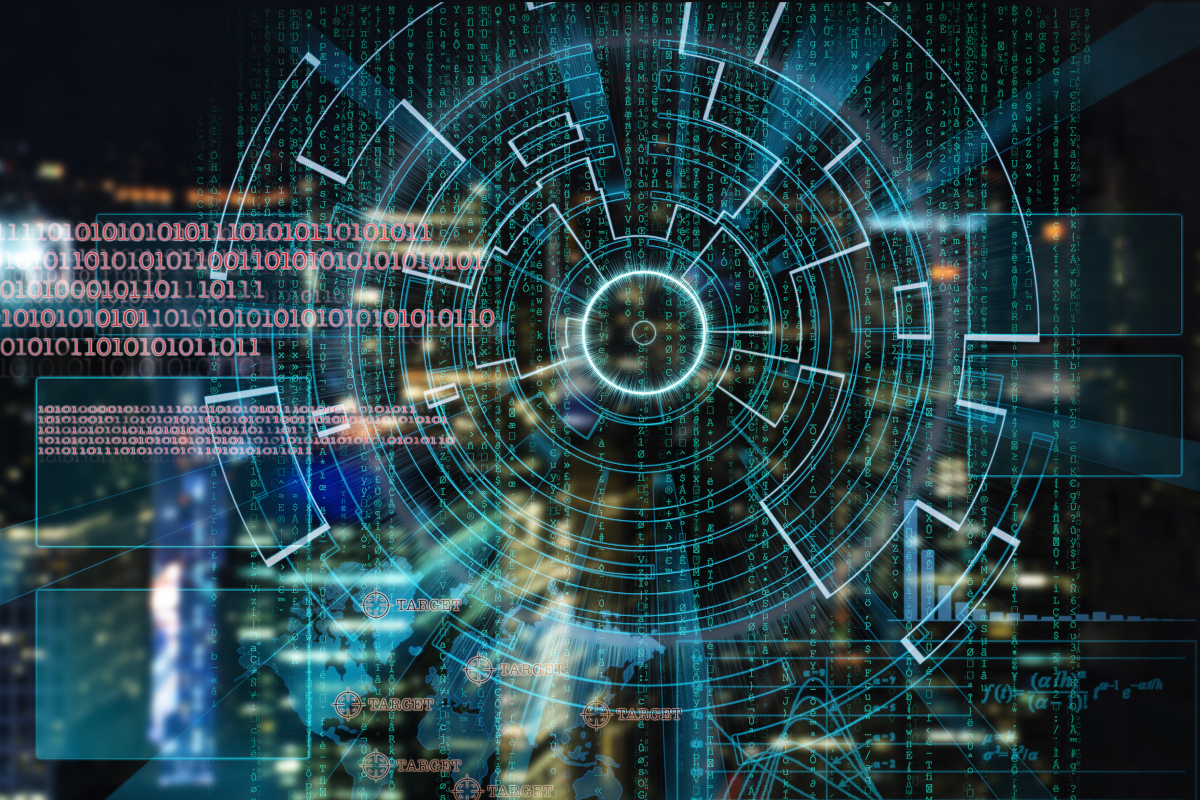 A glowing digital HUD interface with concentric target rings and cascading matrix-like binary code superimposed over a blurred night cityscape.