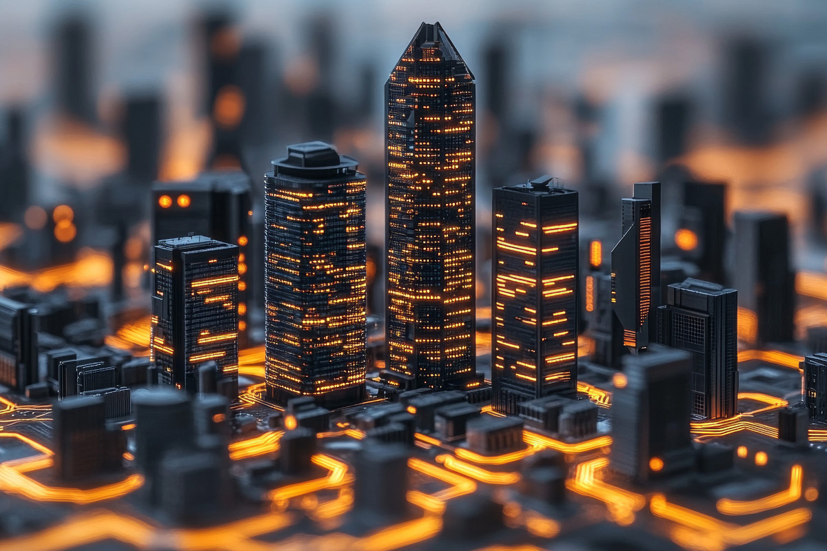 Futuristic cityscape with a circuit board for the ground