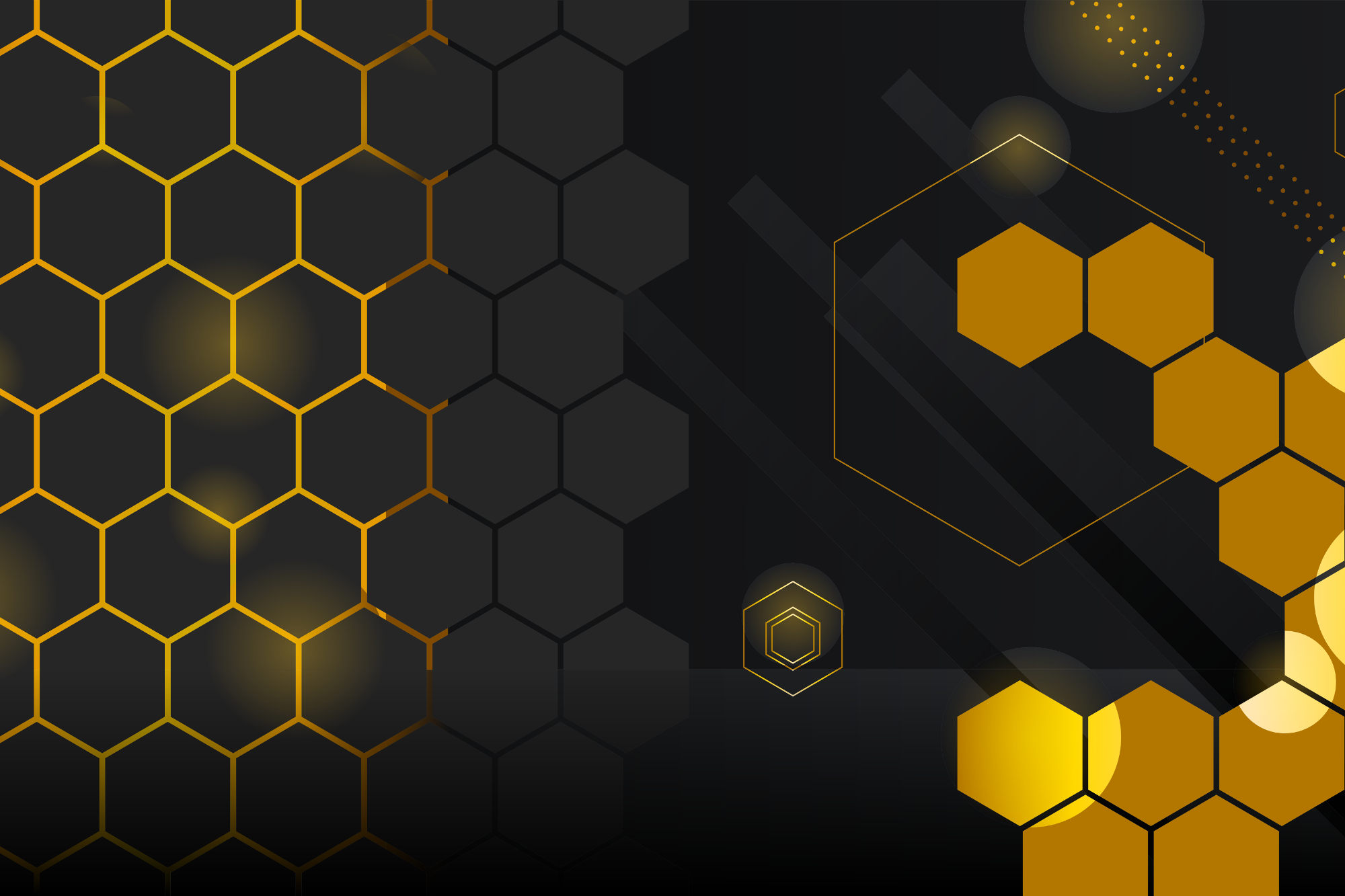 Gold hexagons against an abstract, black background